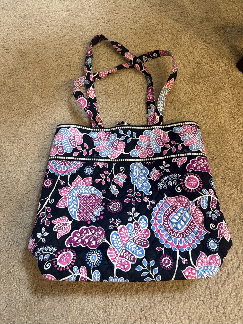 Vera Bradley Black Quilted Tote with Pink, White and Blue Accents